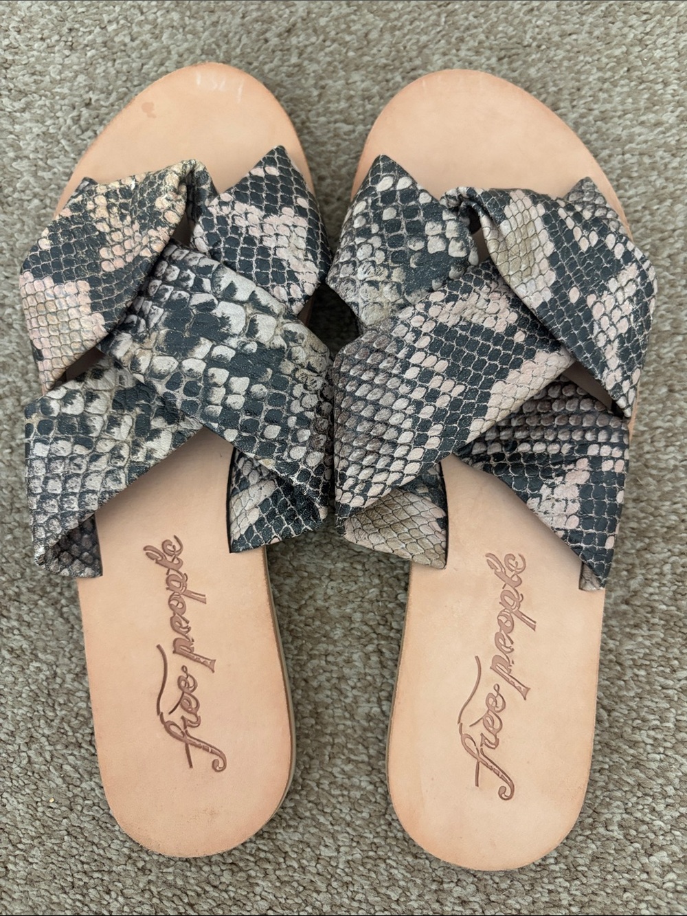 Free People Snake-Print Crisscross Slide Sandals in Beige and Black
